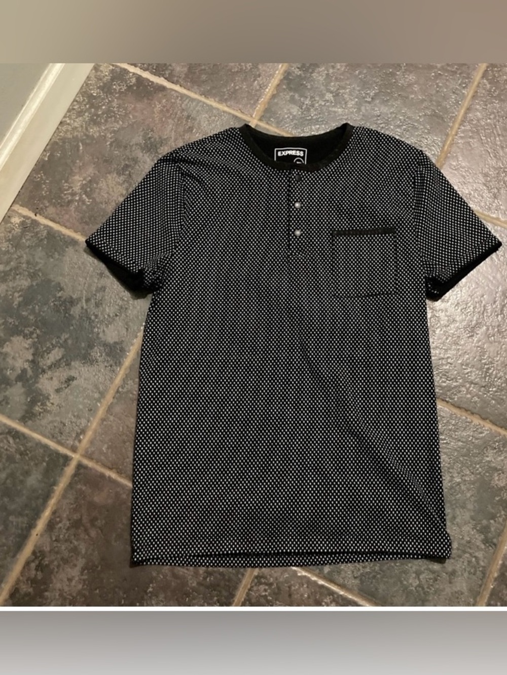 Express Black Short-Sleeve Henley with White Micro Dot Print Size M